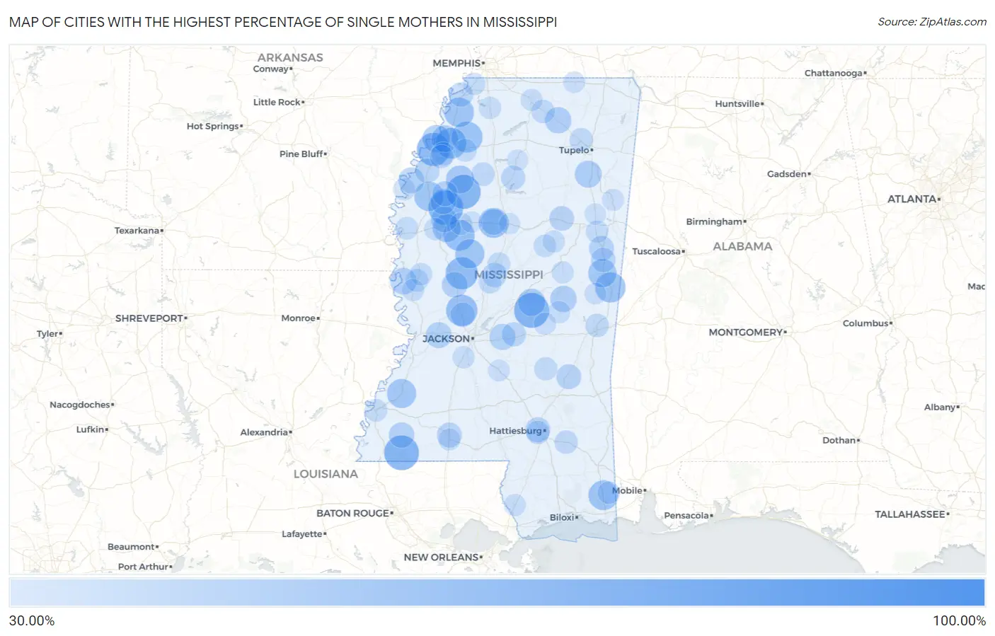 Cities with the Highest Percentage of Single Mothers in Mississippi Map