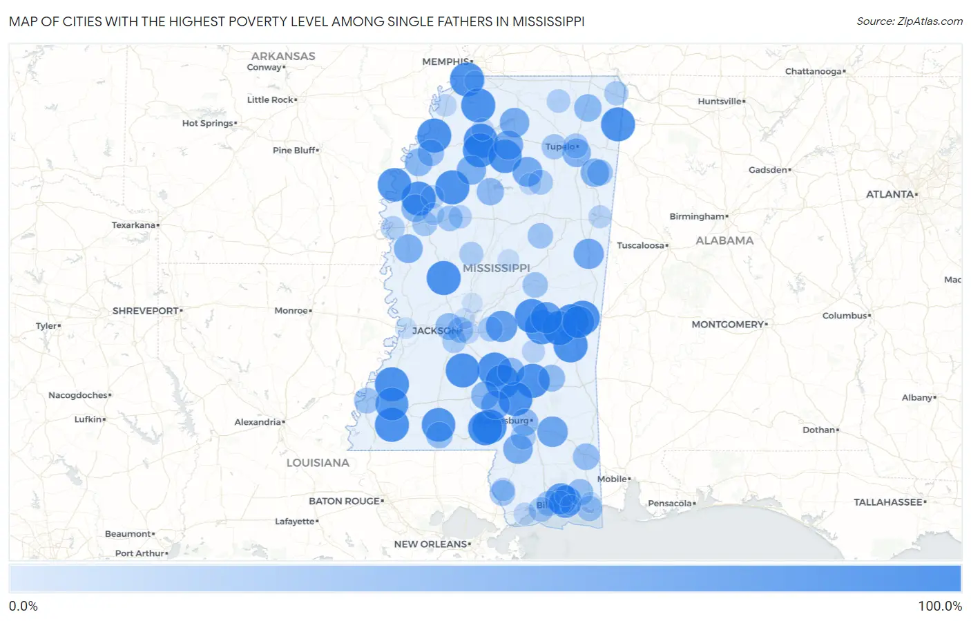 Cities with the Highest Poverty Level Among Single Fathers in Mississippi Map