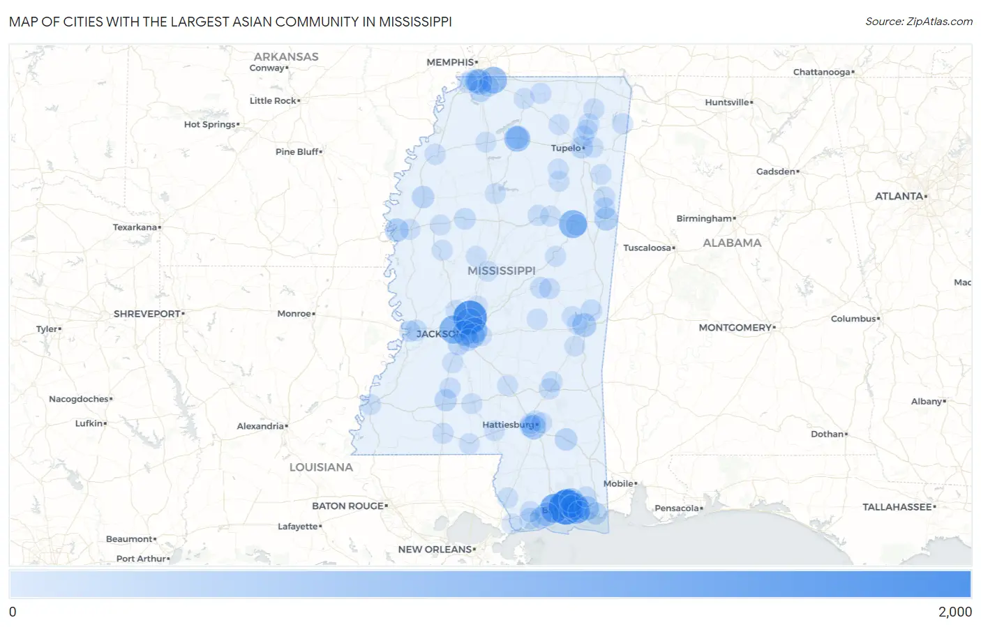 Cities with the Largest Asian Community in Mississippi Map