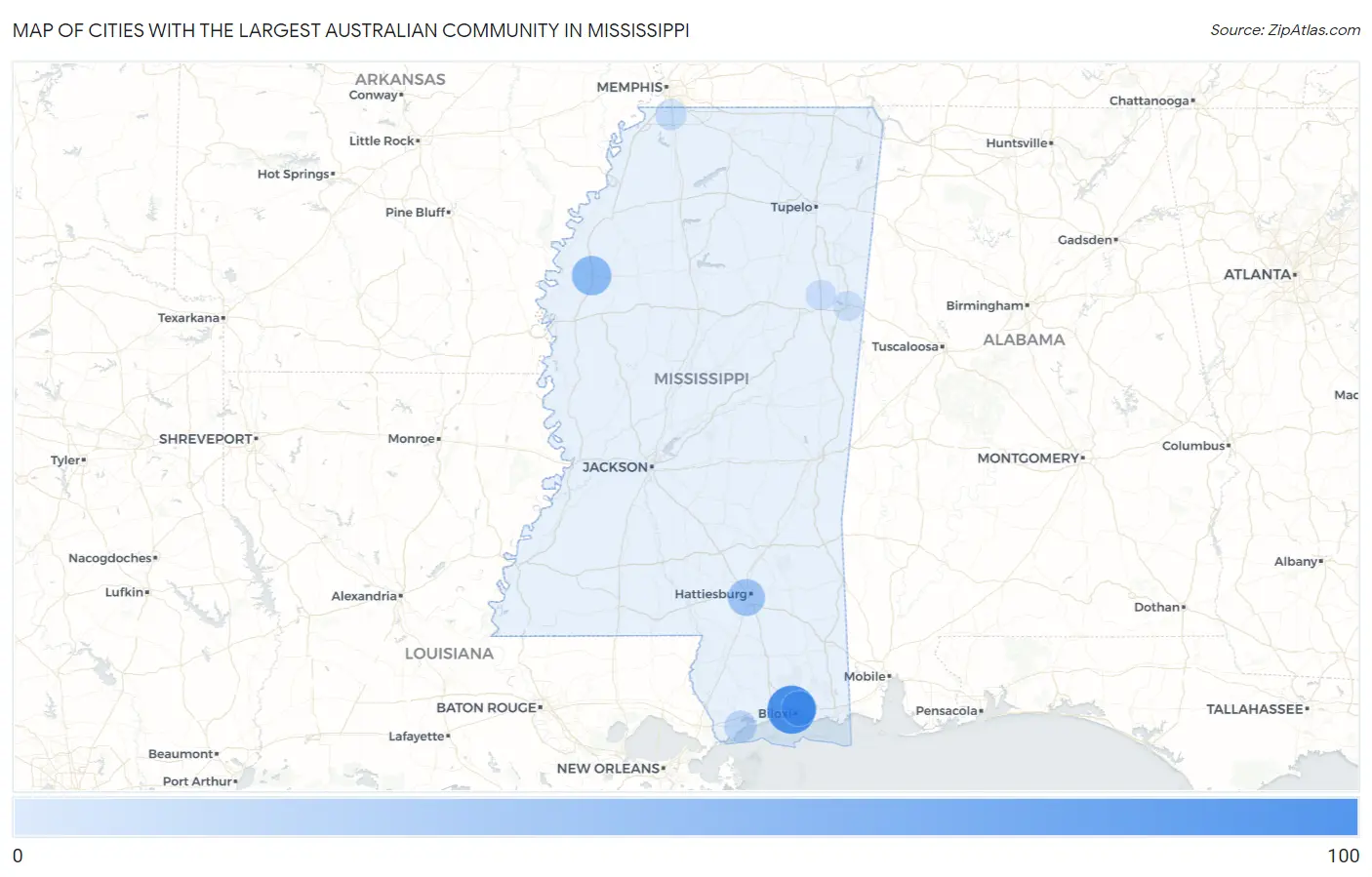 Cities with the Largest Australian Community in Mississippi Map