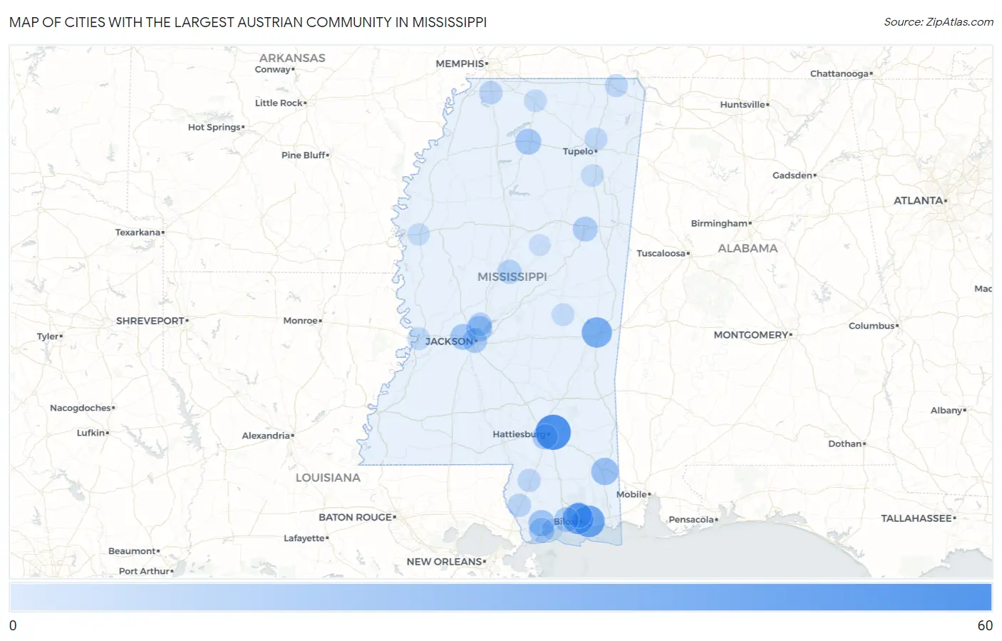 Cities with the Largest Austrian Community in Mississippi Map