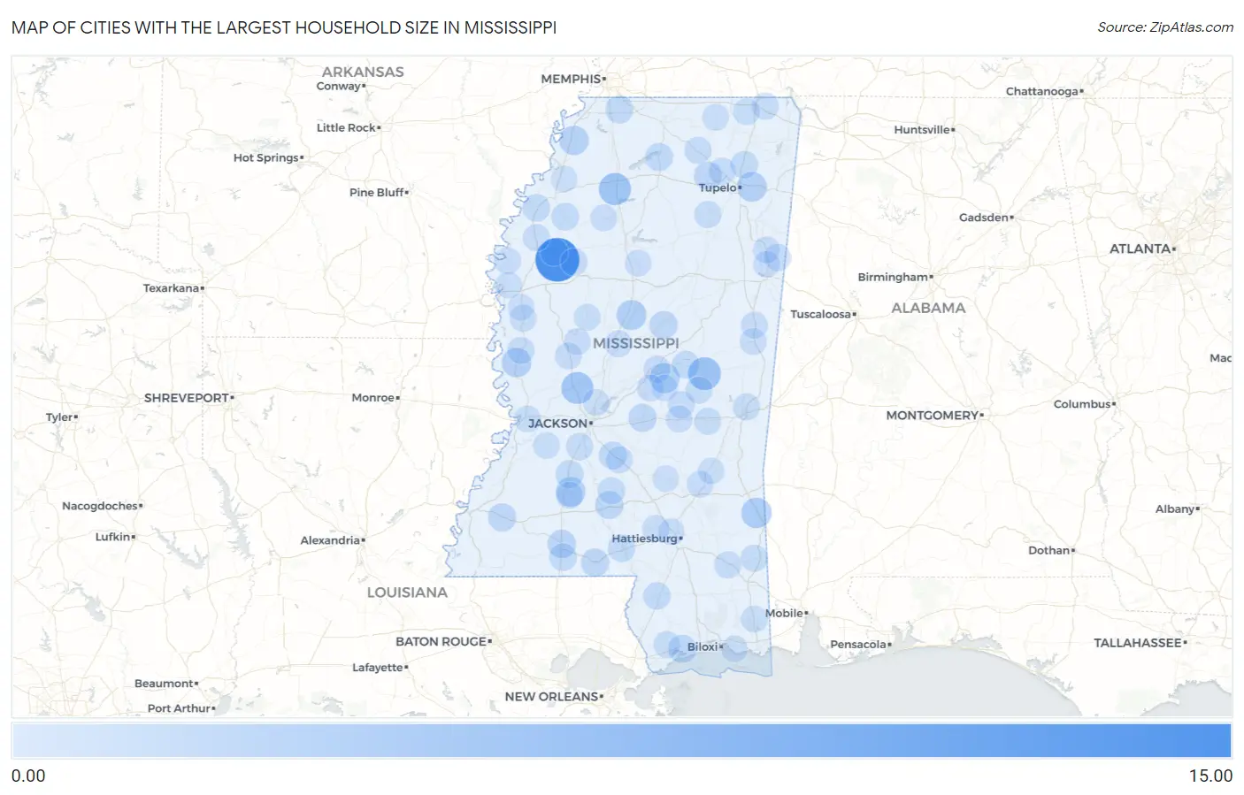 Cities with the Largest Household Size in Mississippi Map