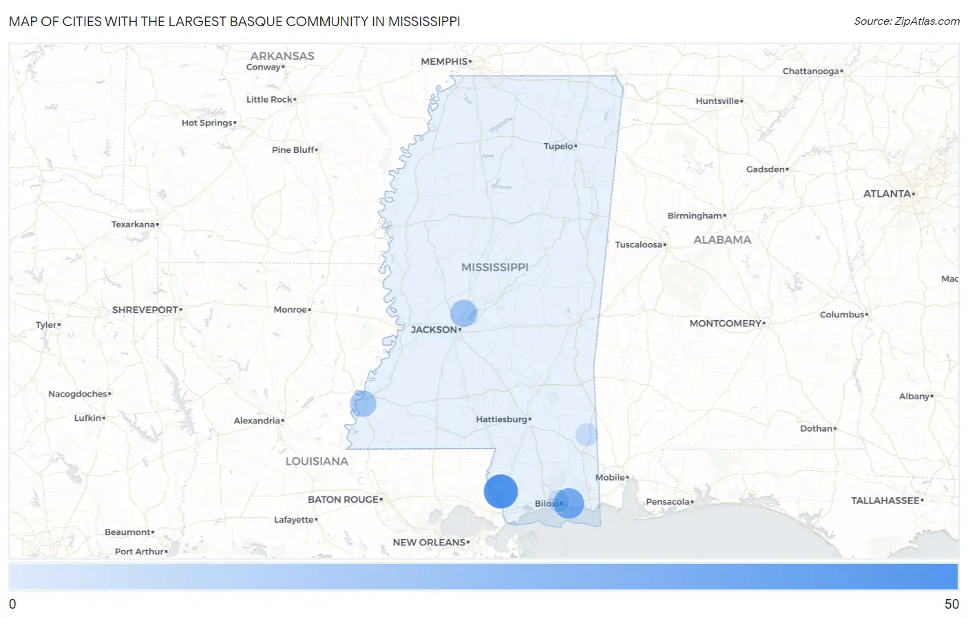 Cities with the Largest Basque Community in Mississippi Map