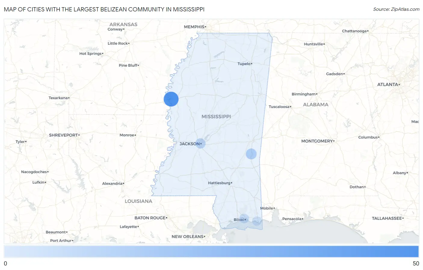 Cities with the Largest Belizean Community in Mississippi Map