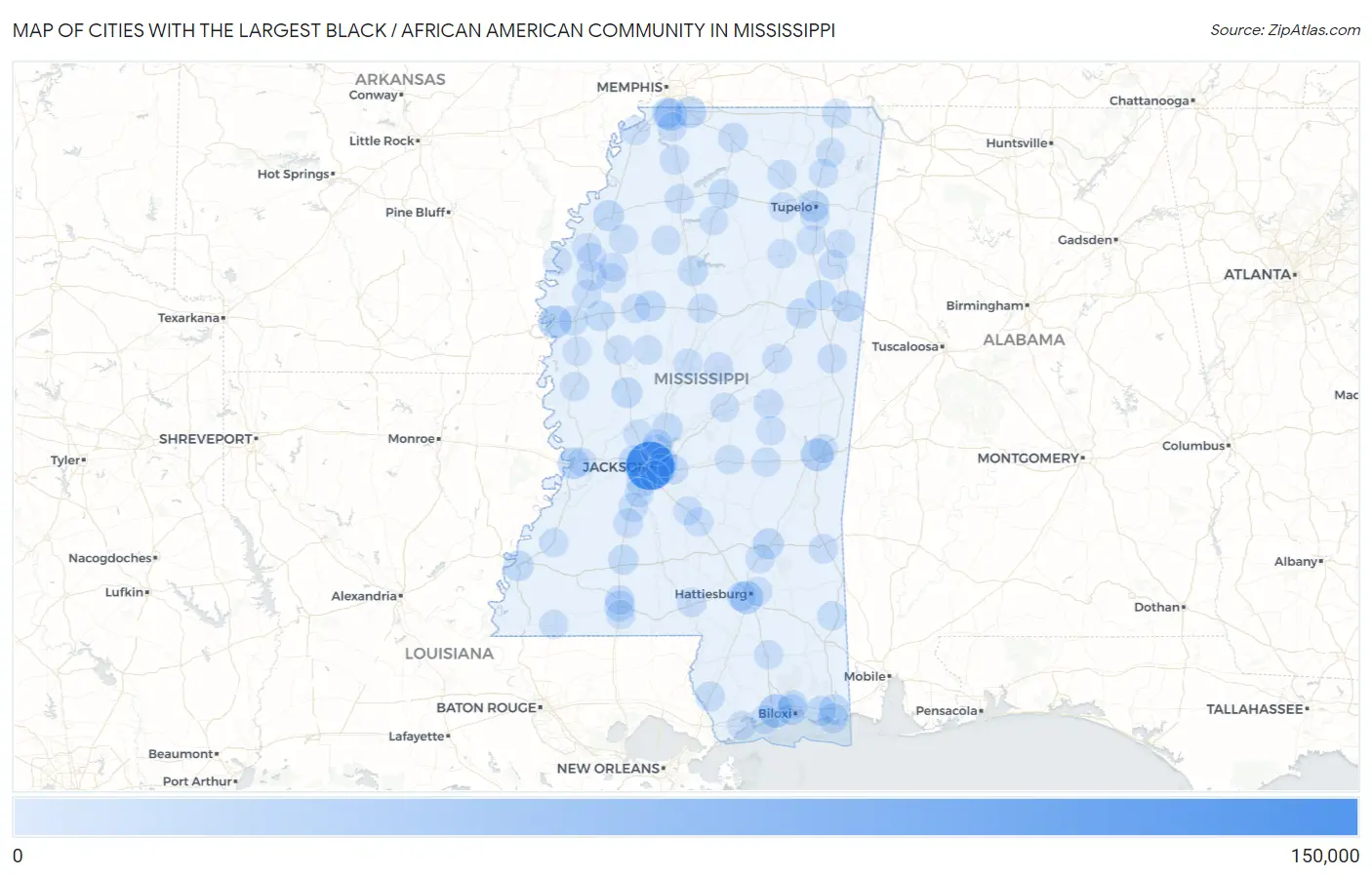 Cities with the Largest Black / African American Community in Mississippi Map