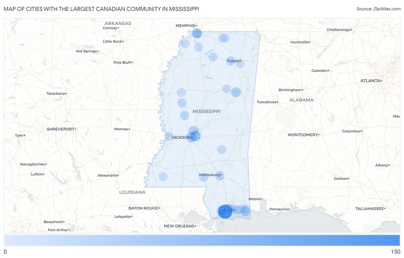 Cities with the Largest Canadian Community in Mississippi Map