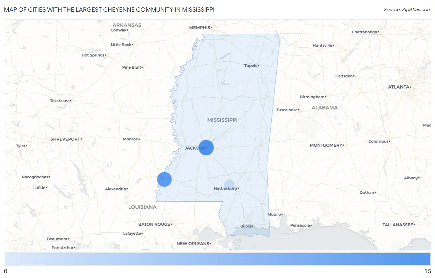 Cities with the Largest Cheyenne Community in Mississippi Map