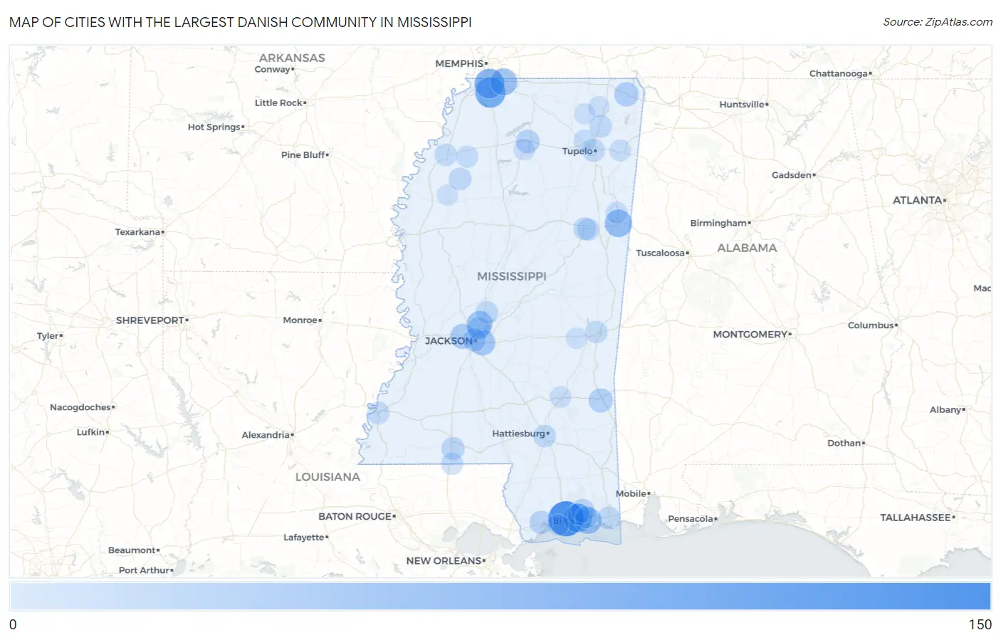 Cities with the Largest Danish Community in Mississippi Map