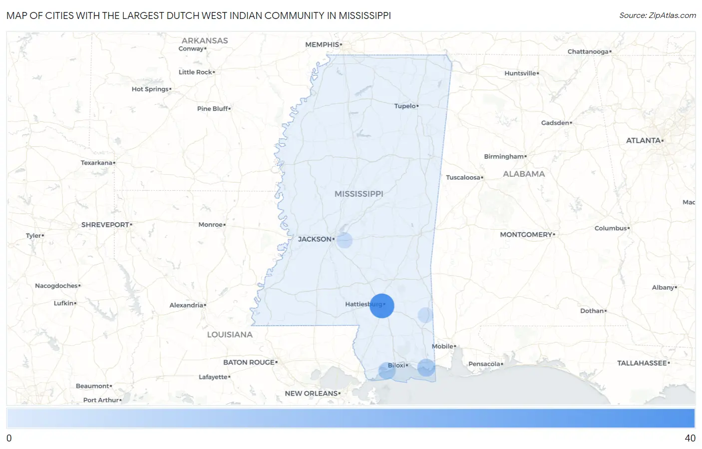 Cities with the Largest Dutch West Indian Community in Mississippi Map