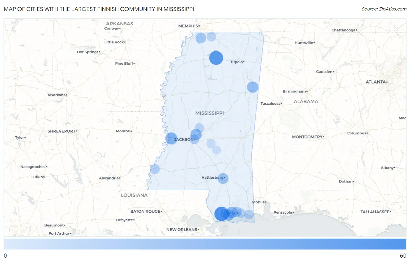 Cities with the Largest Finnish Community in Mississippi Map