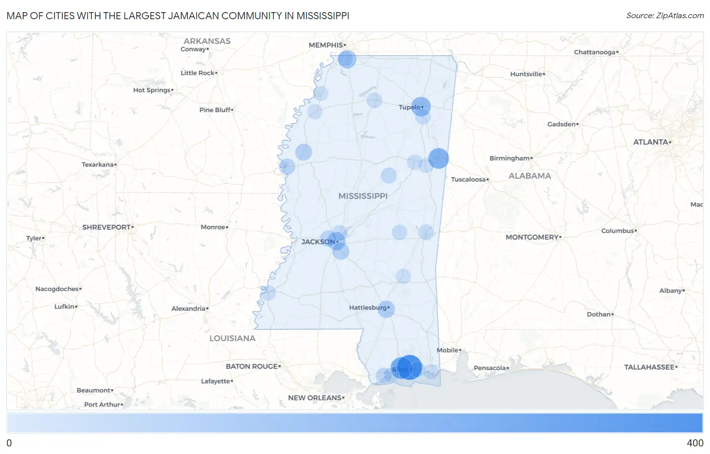 Cities with the Largest Jamaican Community in Mississippi Map