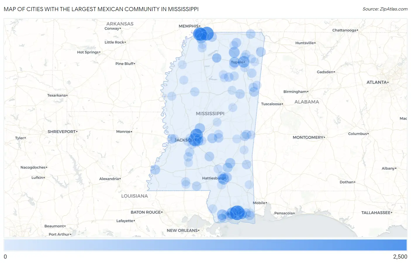 Cities with the Largest Mexican Community in Mississippi Map