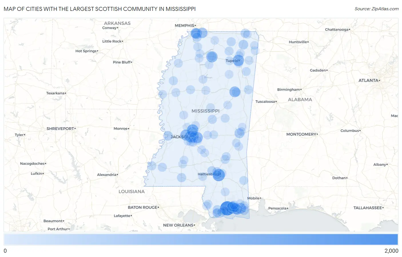 Cities with the Largest Scottish Community in Mississippi Map