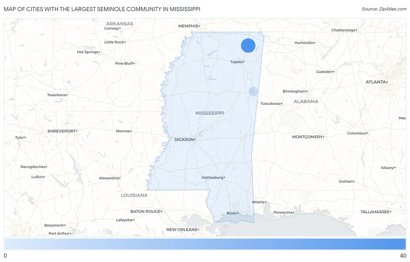 Cities with the Largest Seminole Community in Mississippi Map