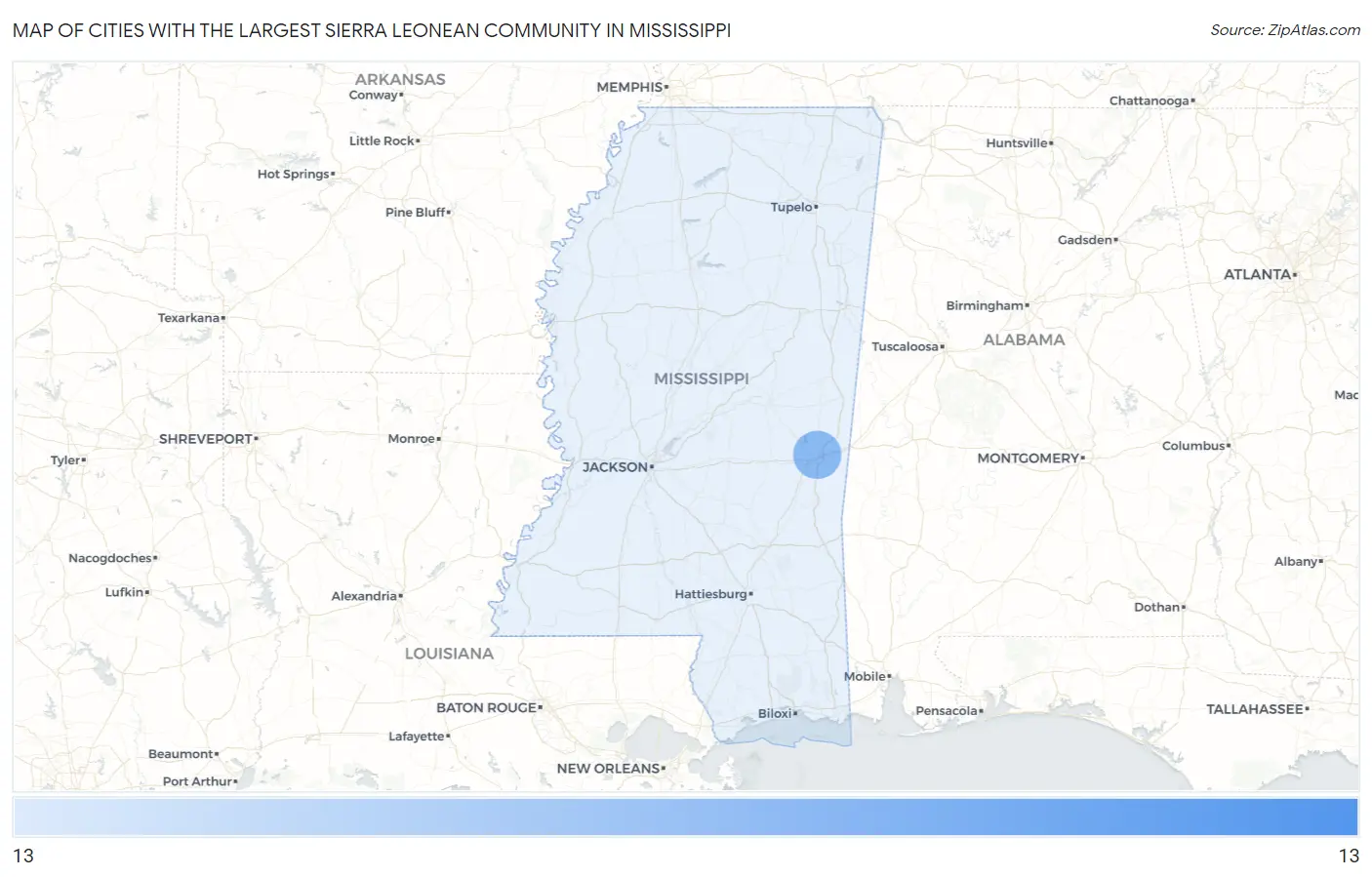 Cities with the Largest Sierra Leonean Community in Mississippi Map