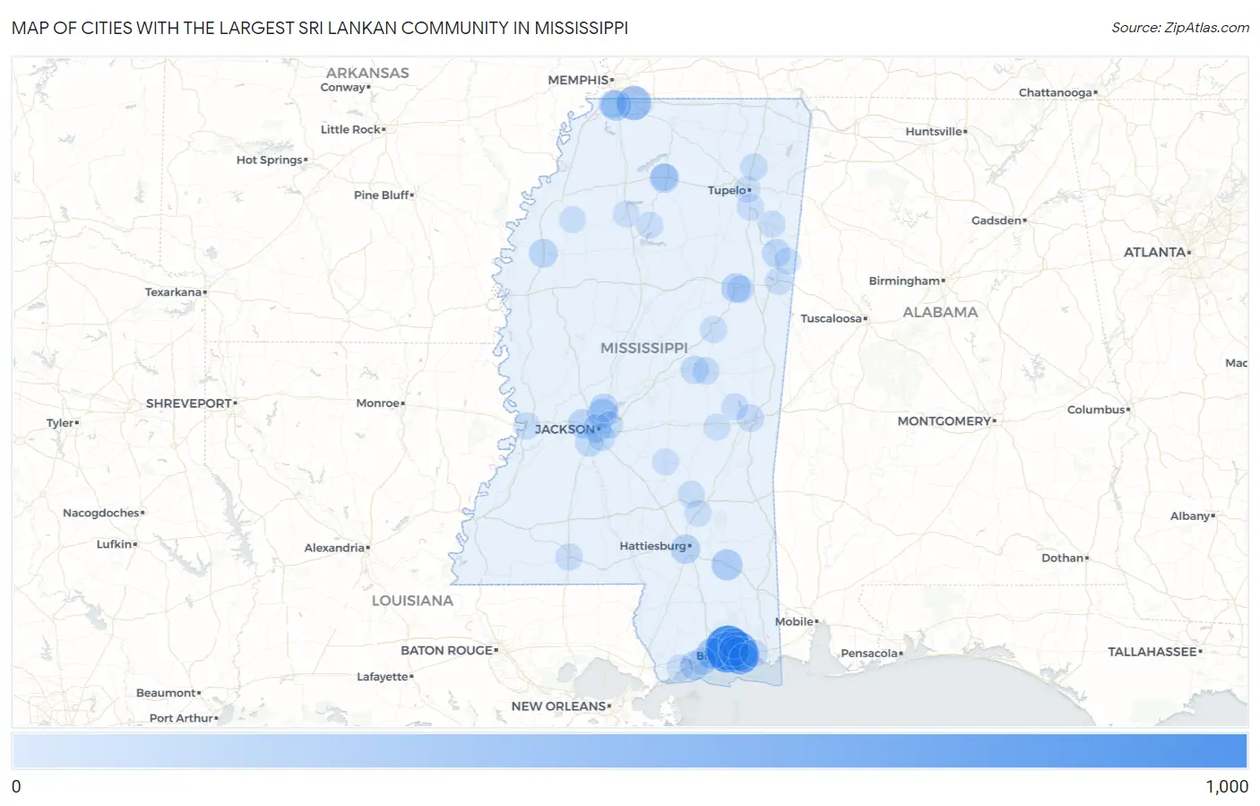 Cities with the Largest Sri Lankan Community in Mississippi Map