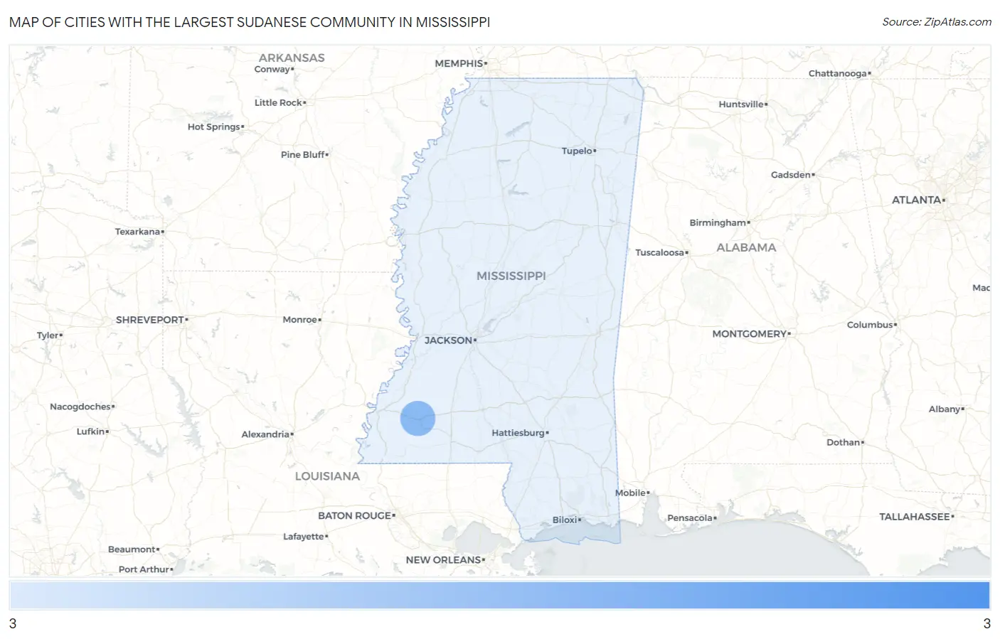 Cities with the Largest Sudanese Community in Mississippi Map