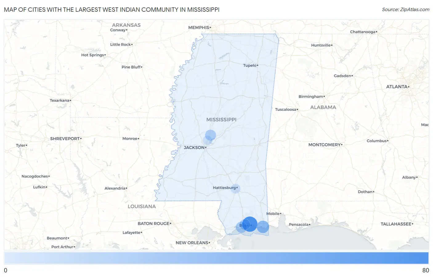 Cities with the Largest West Indian Community in Mississippi Map