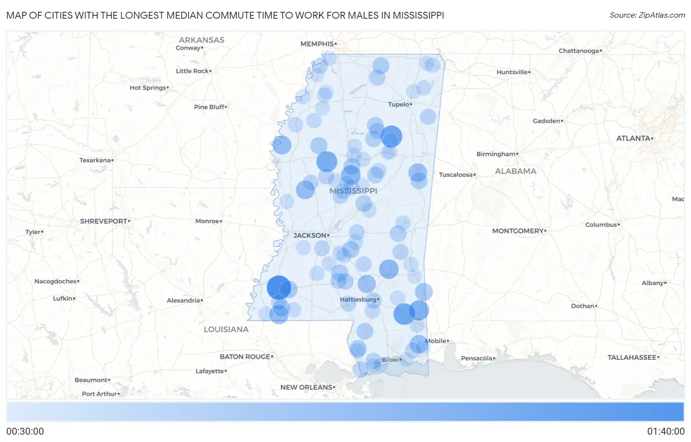 Cities with the Longest Median Commute Time to Work for Males in Mississippi Map