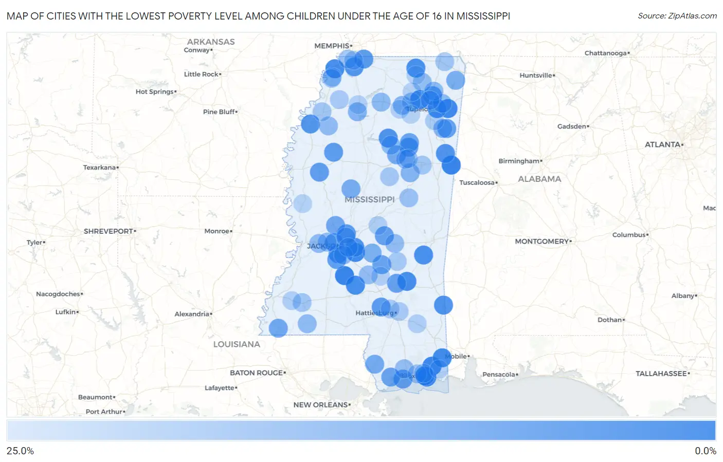 Cities with the Lowest Poverty Level Among Children Under the Age of 16 in Mississippi Map