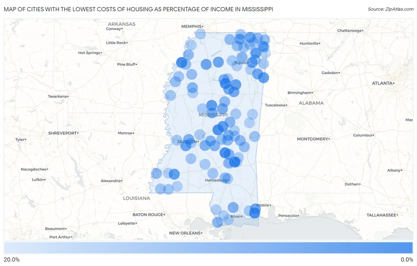 Cities with the Lowest Costs of Housing as Percentage of Income in Mississippi Map