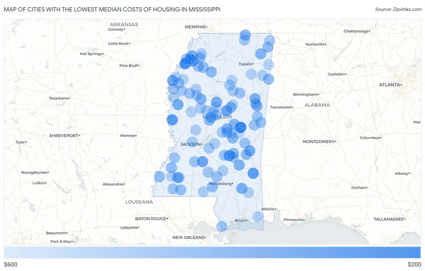 Cities with the Lowest Median Costs of Housing in Mississippi Map