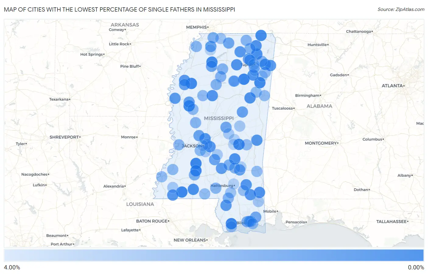 Cities with the Lowest Percentage of Single Fathers in Mississippi Map