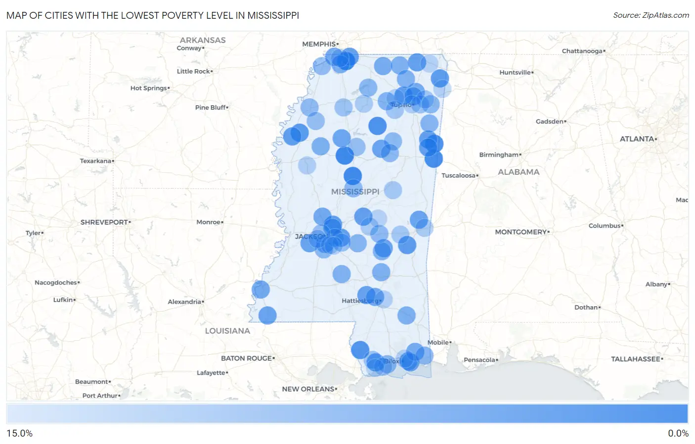 Cities with the Lowest Poverty Level in Mississippi Map