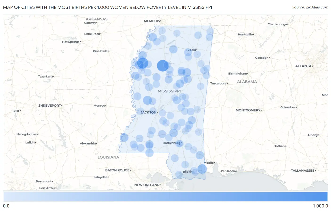 Cities with the Most Births per 1,000 Women Below Poverty Level in Mississippi Map