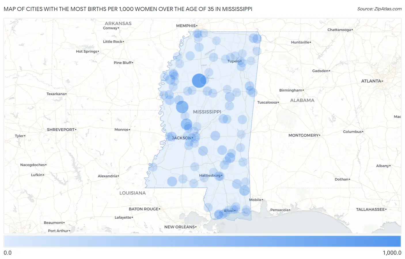 Cities with the Most Births per 1,000 Women Over the Age of 35 in Mississippi Map