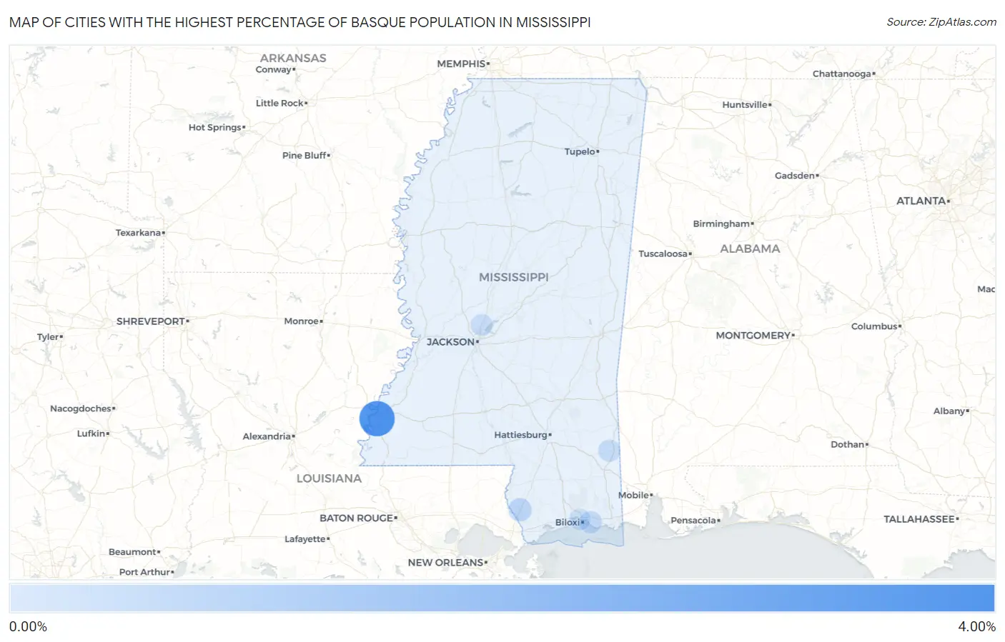Cities with the Highest Percentage of Basque Population in Mississippi Map