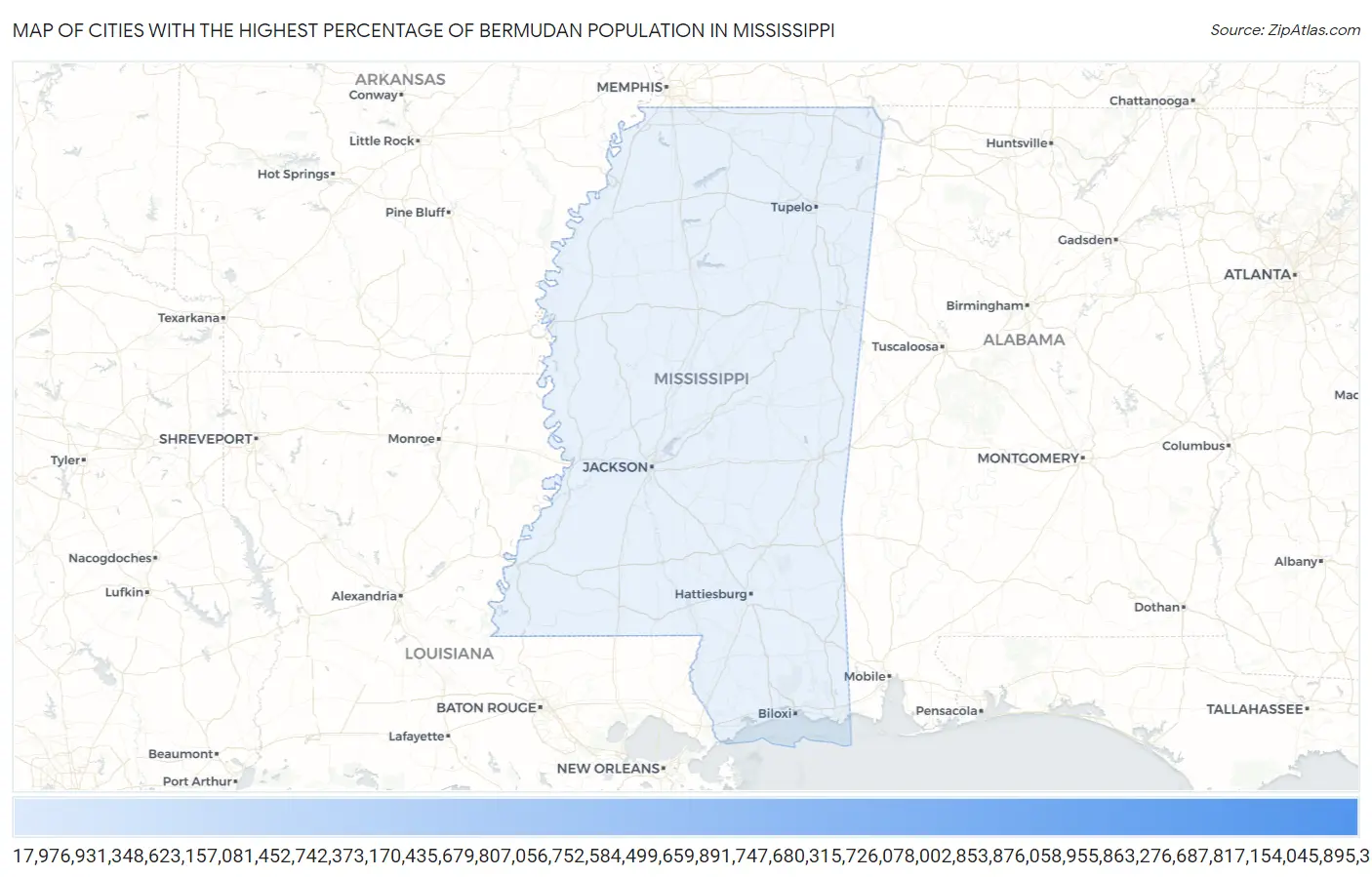 Cities with the Highest Percentage of Bermudan Population in Mississippi Map