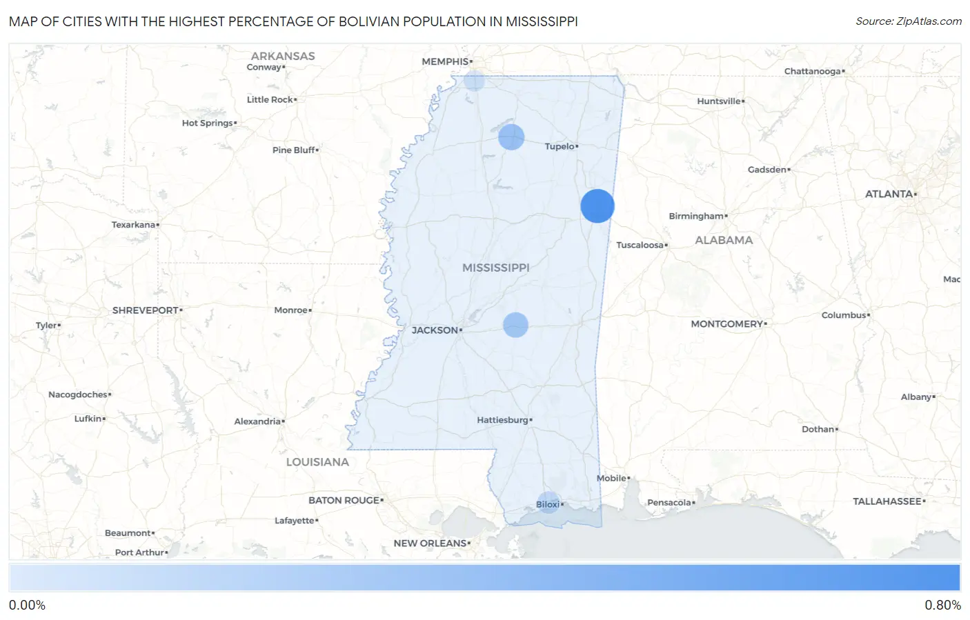 Cities with the Highest Percentage of Bolivian Population in Mississippi Map