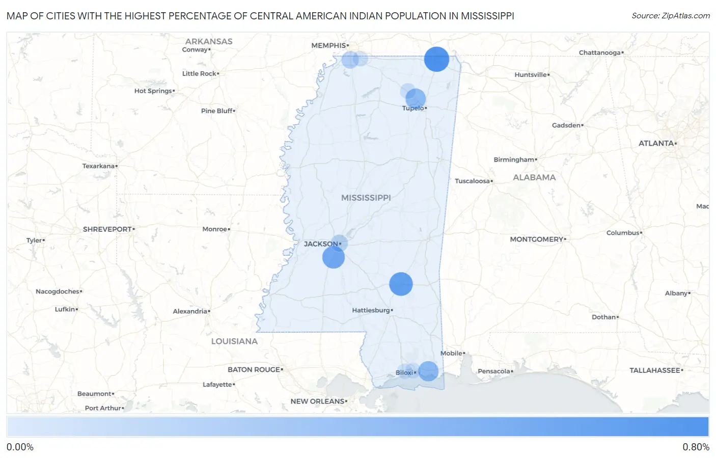 Cities with the Highest Percentage of Central American Indian Population in Mississippi Map