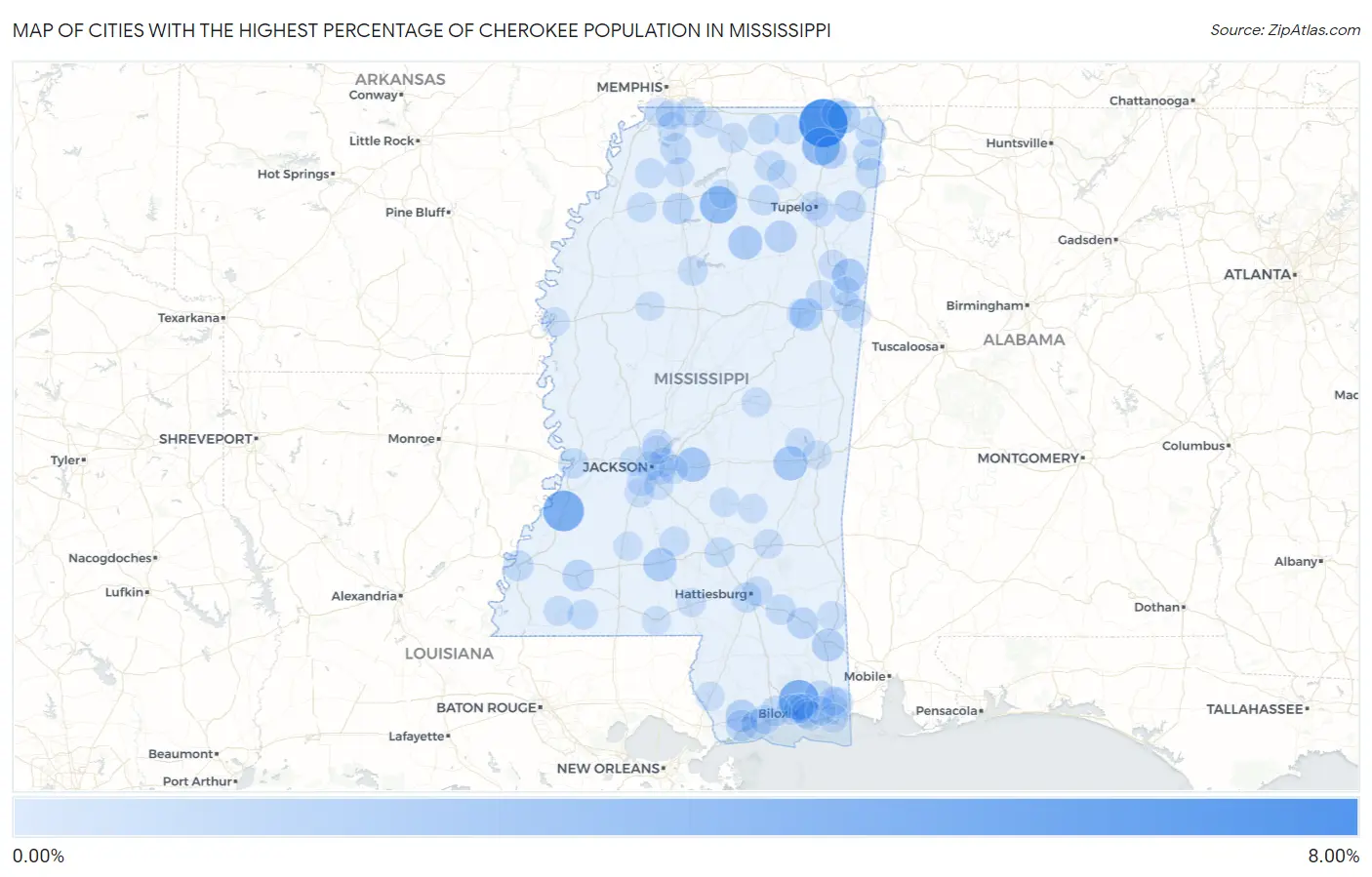 Cities with the Highest Percentage of Cherokee Population in Mississippi Map