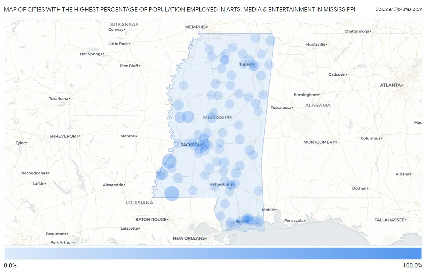 Cities with the Highest Percentage of Population Employed in Arts, Media & Entertainment in Mississippi Map
