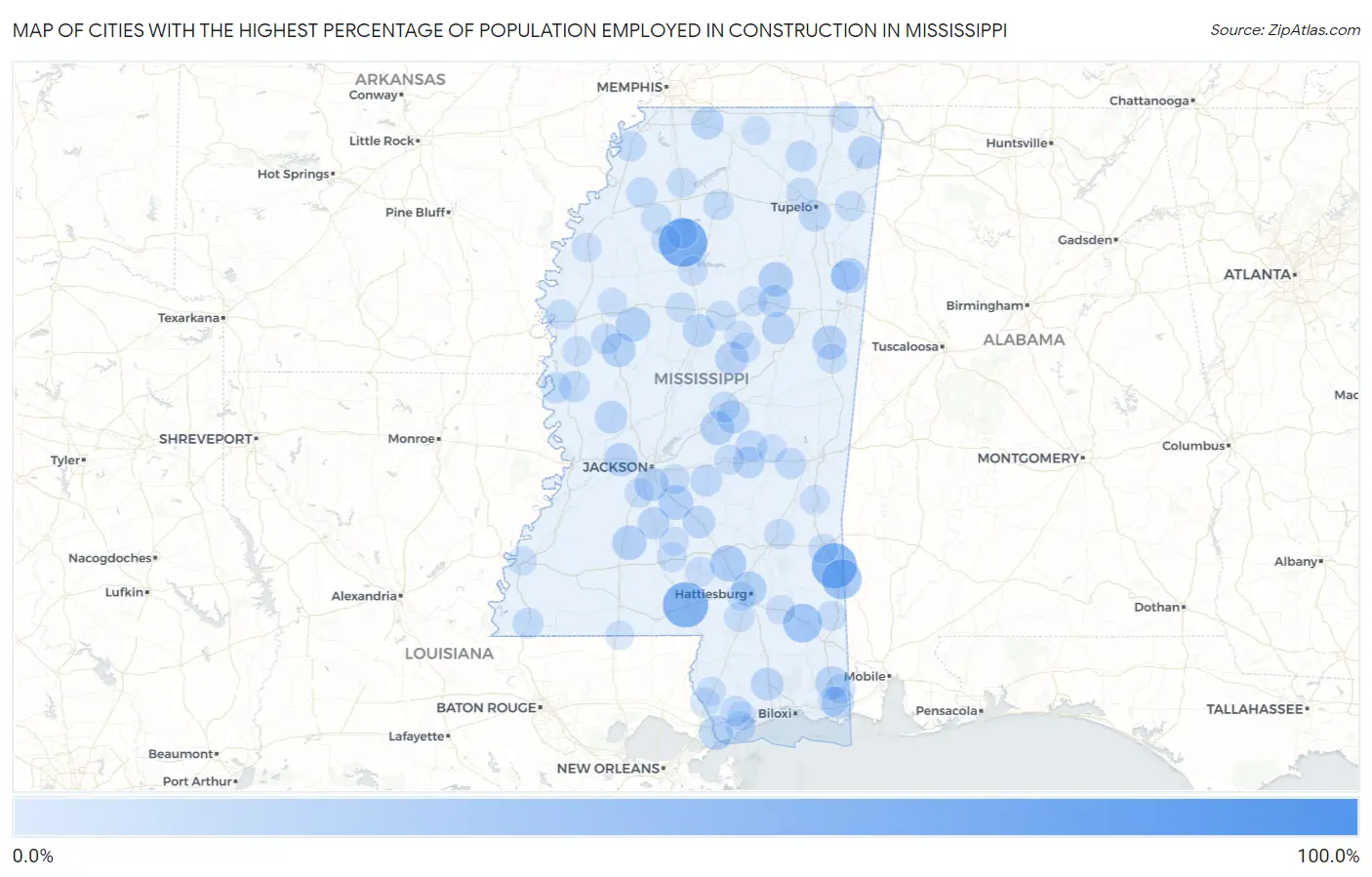 Cities with the Highest Percentage of Population Employed in Construction in Mississippi Map