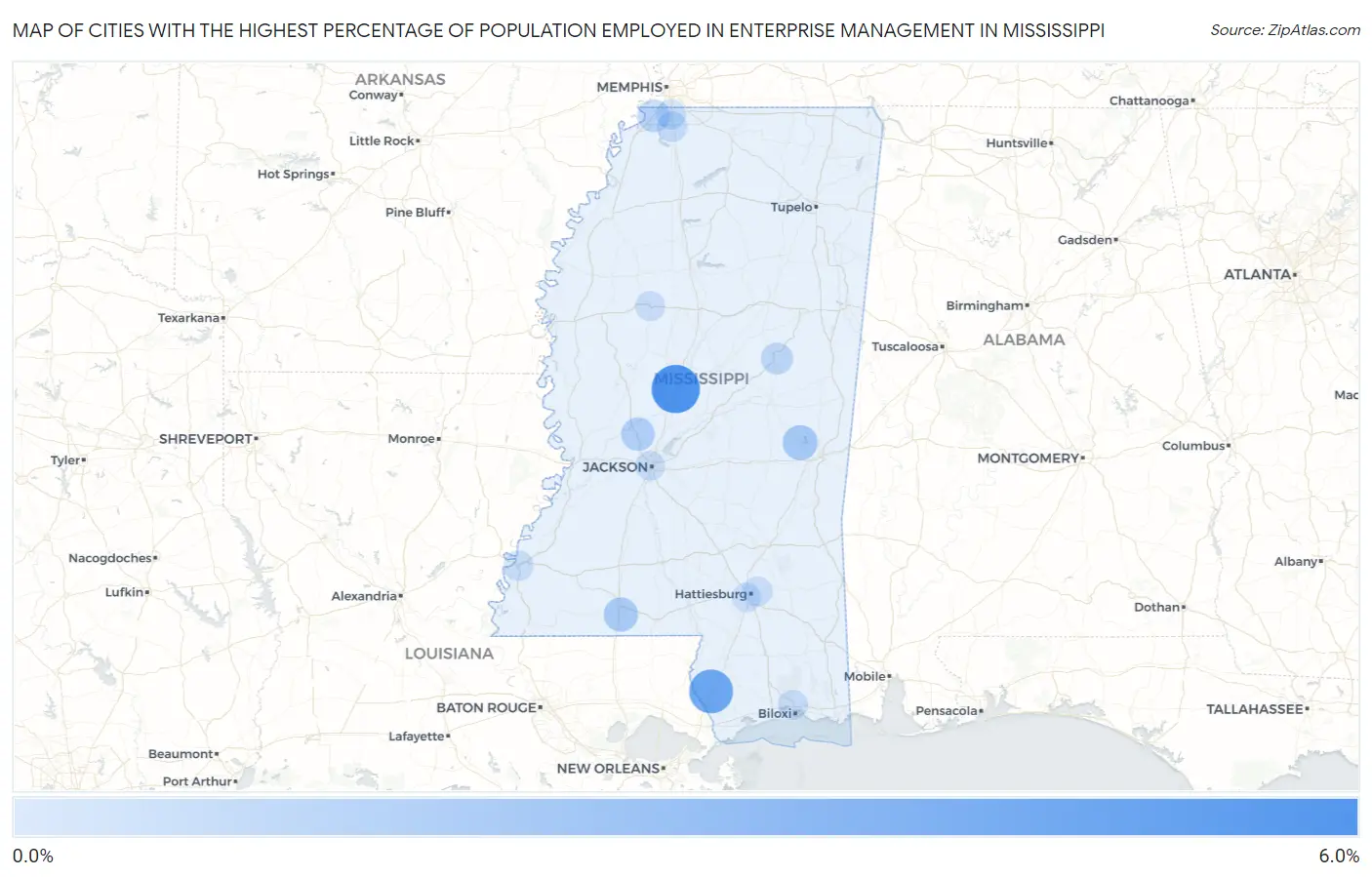 Cities with the Highest Percentage of Population Employed in Enterprise Management in Mississippi Map