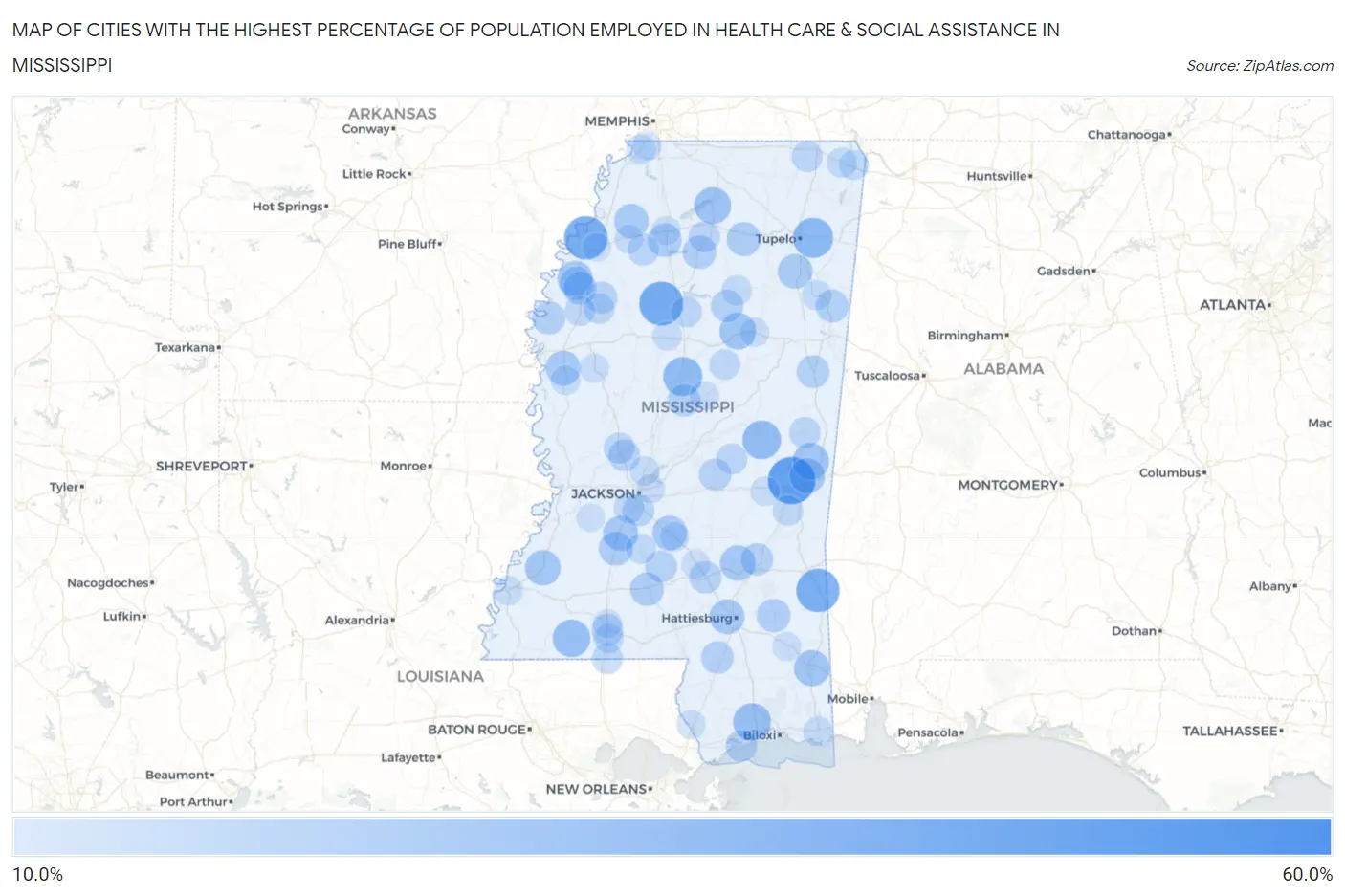 Cities with the Highest Percentage of Population Employed in Health Care & Social Assistance in Mississippi Map