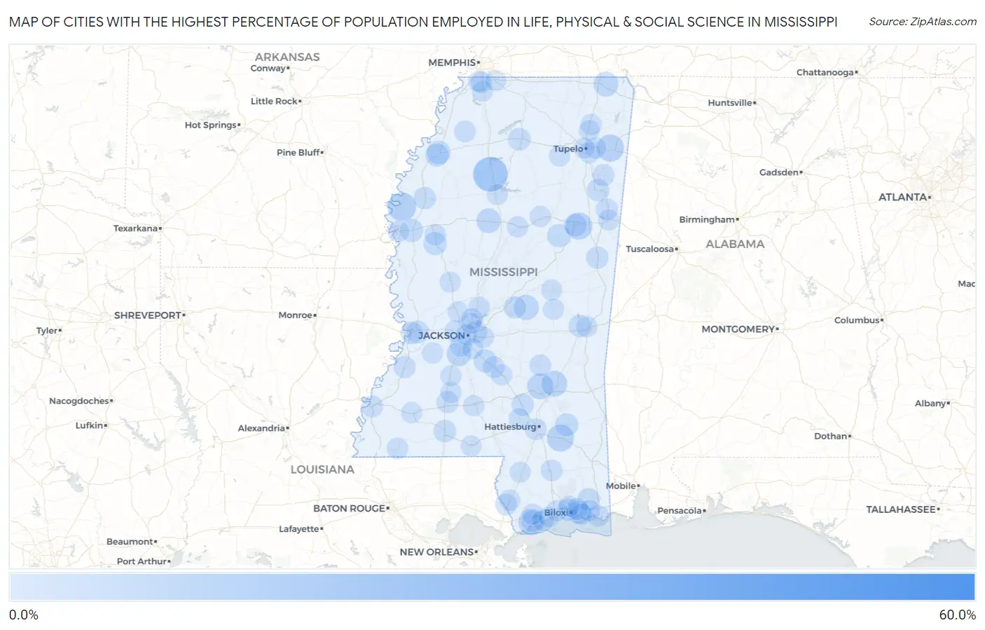 Cities with the Highest Percentage of Population Employed in Life, Physical & Social Science in Mississippi Map
