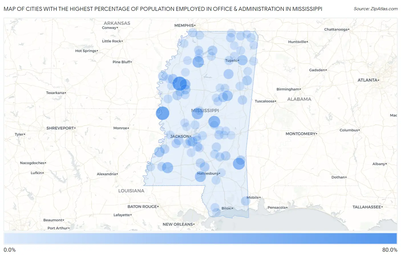 Cities with the Highest Percentage of Population Employed in Office & Administration in Mississippi Map