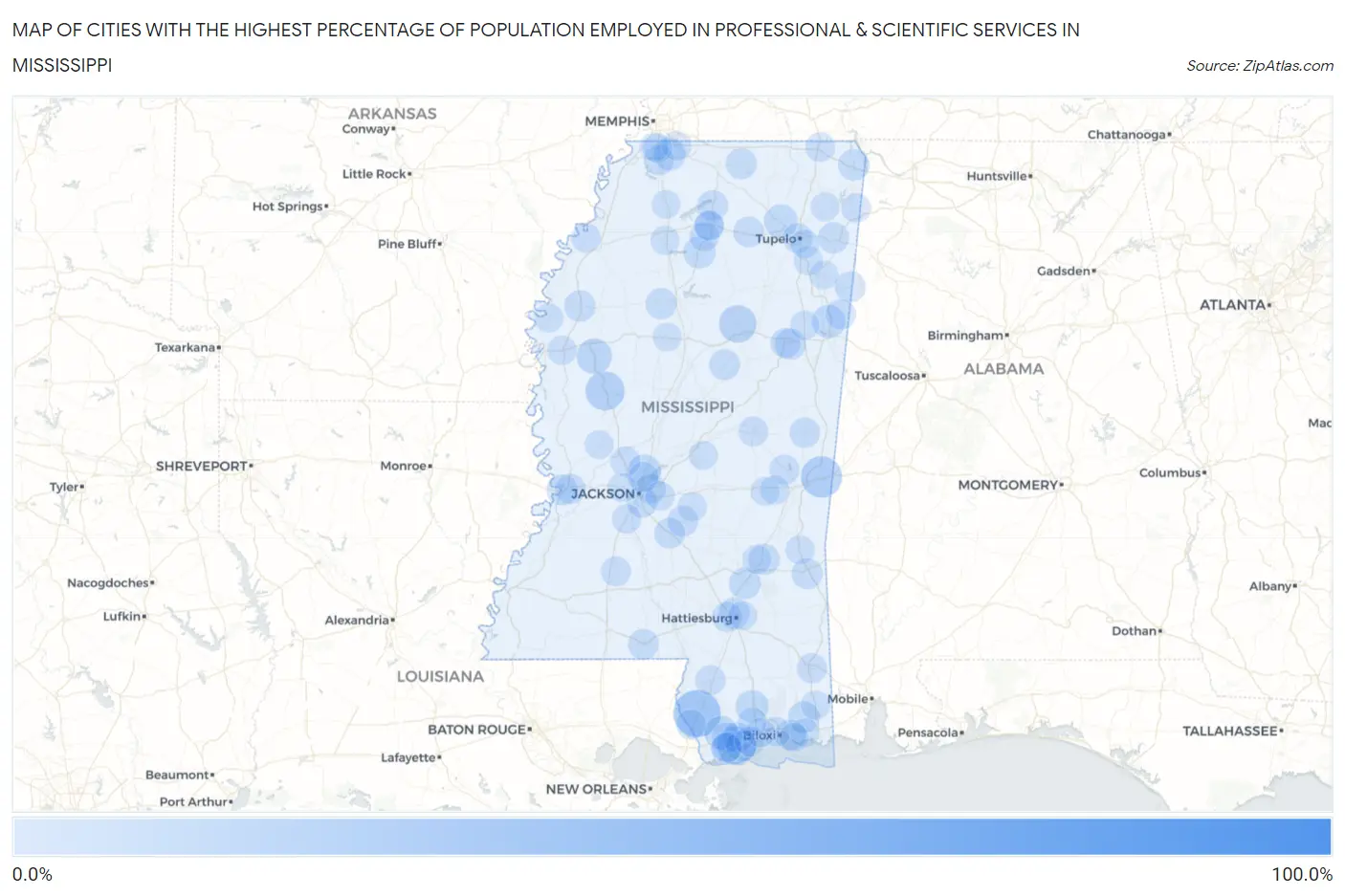 Cities with the Highest Percentage of Population Employed in Professional & Scientific Services in Mississippi Map