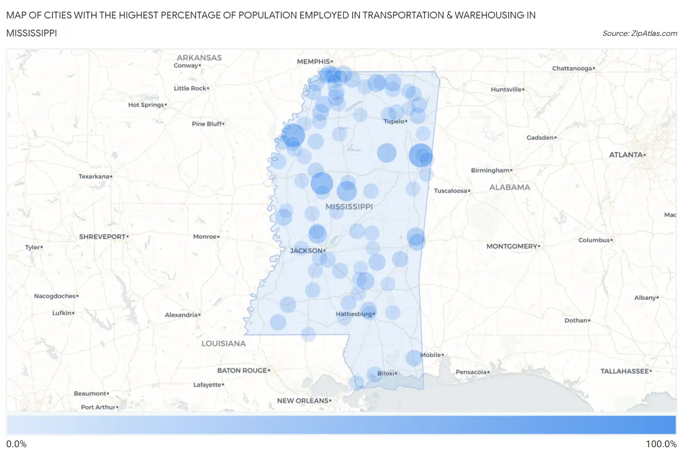 Cities with the Highest Percentage of Population Employed in Transportation & Warehousing in Mississippi Map