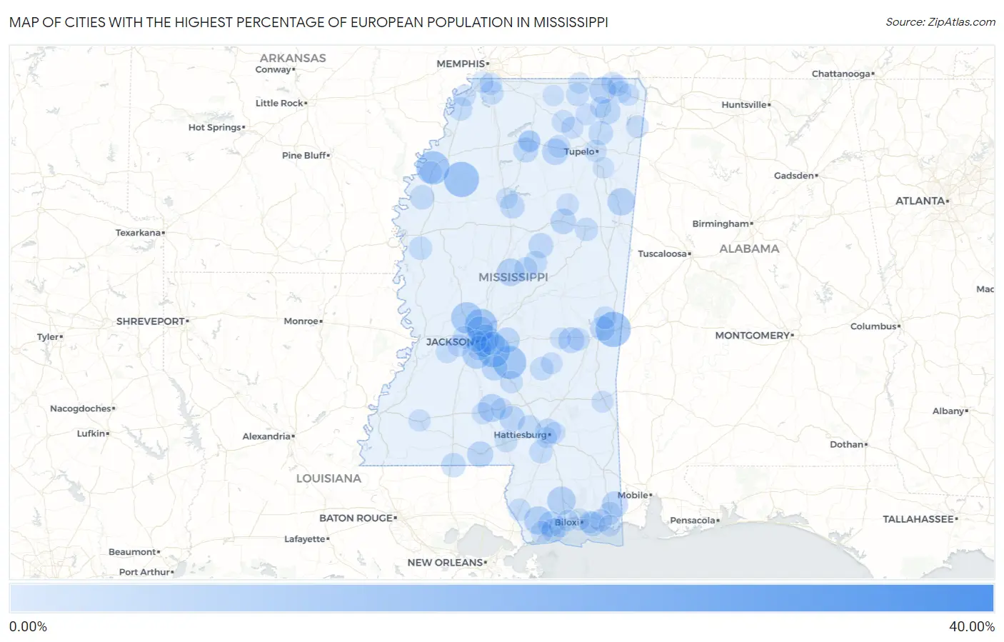 Cities with the Highest Percentage of European Population in Mississippi Map