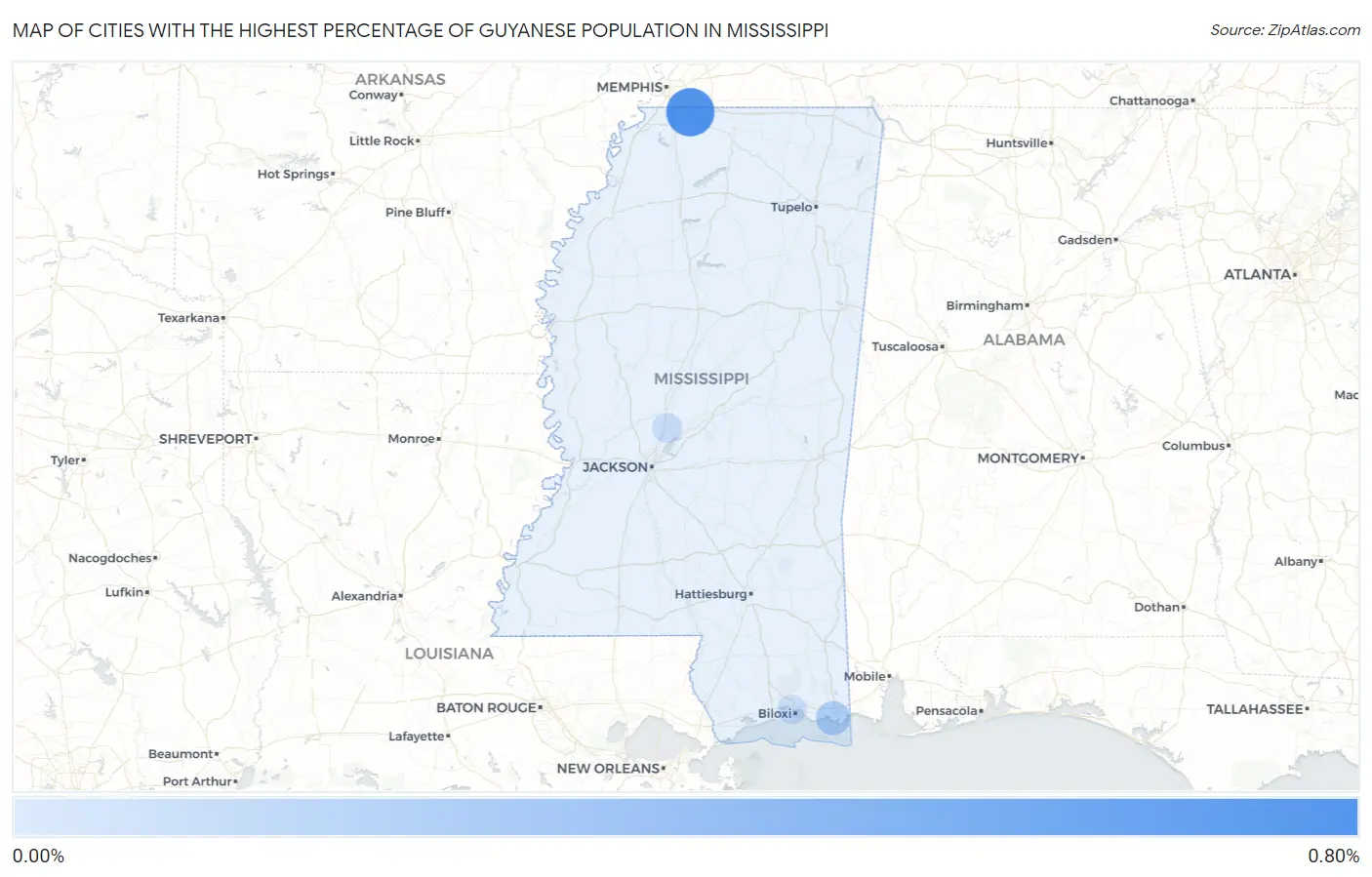 Cities with the Highest Percentage of Guyanese Population in Mississippi Map
