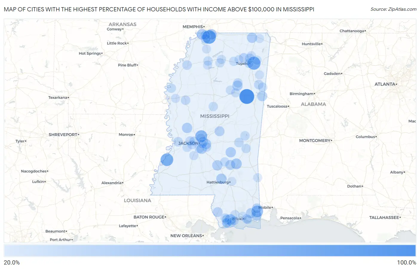 Cities with the Highest Percentage of Households with Income Above $100,000 in Mississippi Map