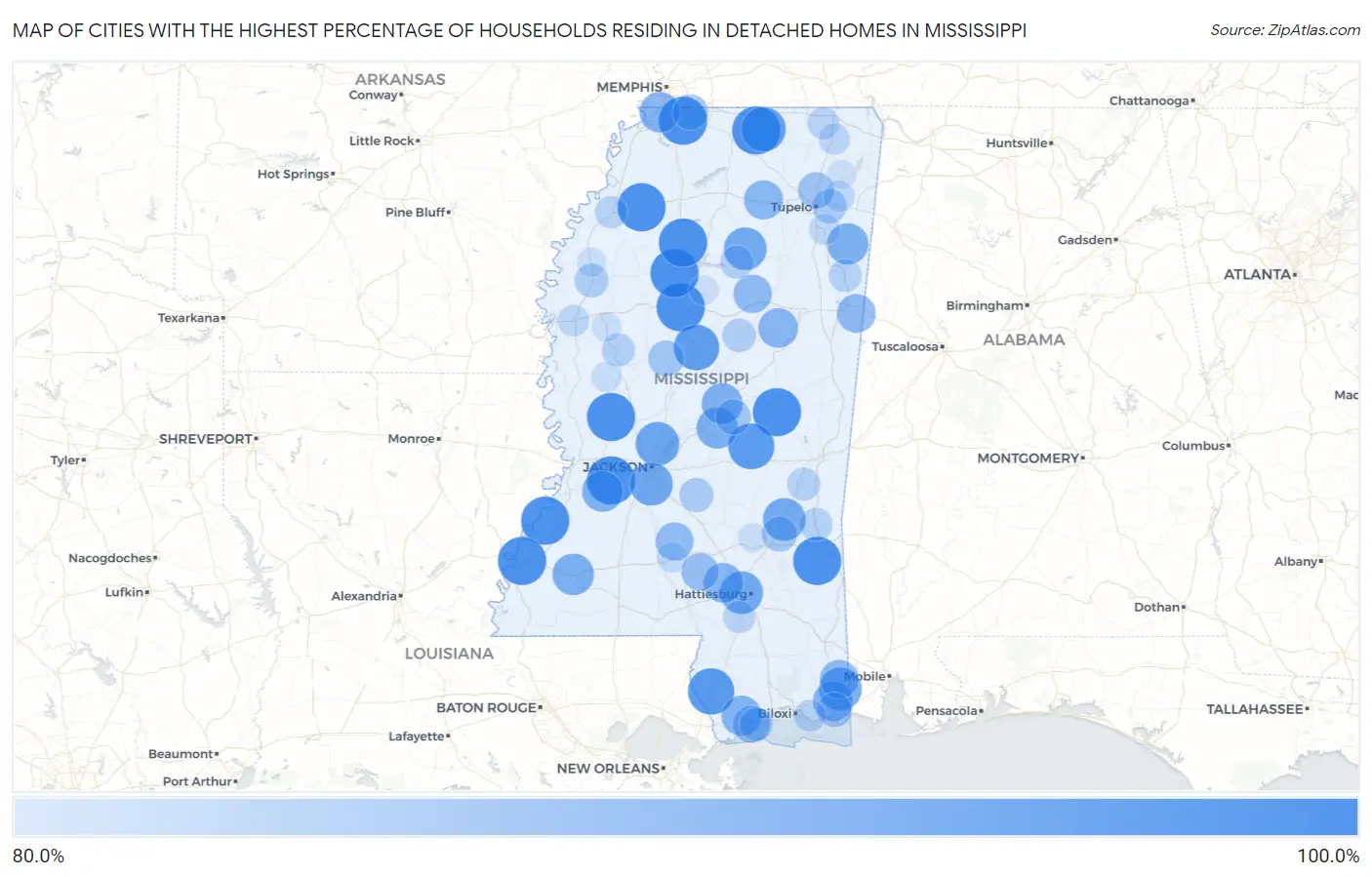 Cities with the Highest Percentage of Households Residing in Detached Homes in Mississippi Map