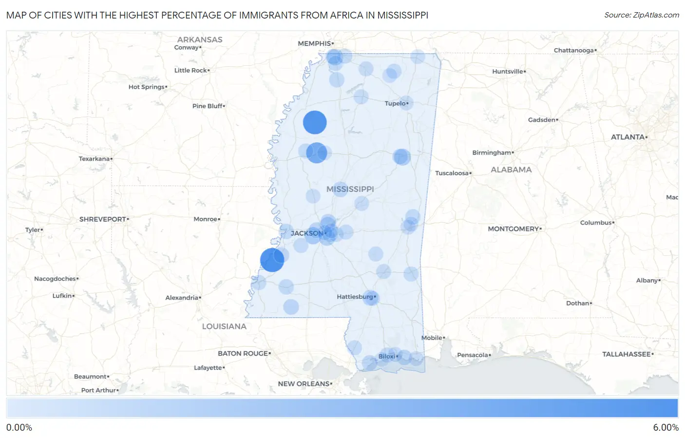 Cities with the Highest Percentage of Immigrants from Africa in Mississippi Map