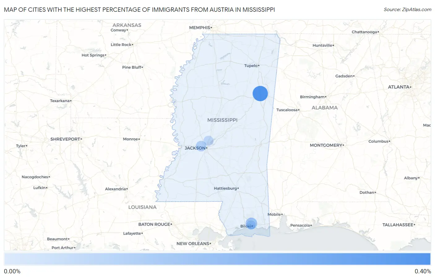 Cities with the Highest Percentage of Immigrants from Austria in Mississippi Map