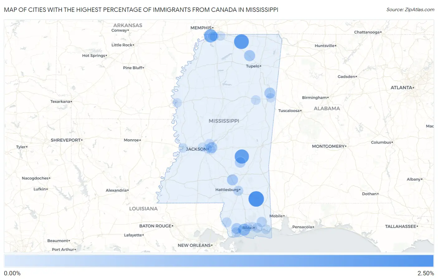Cities with the Highest Percentage of Immigrants from Canada in Mississippi Map
